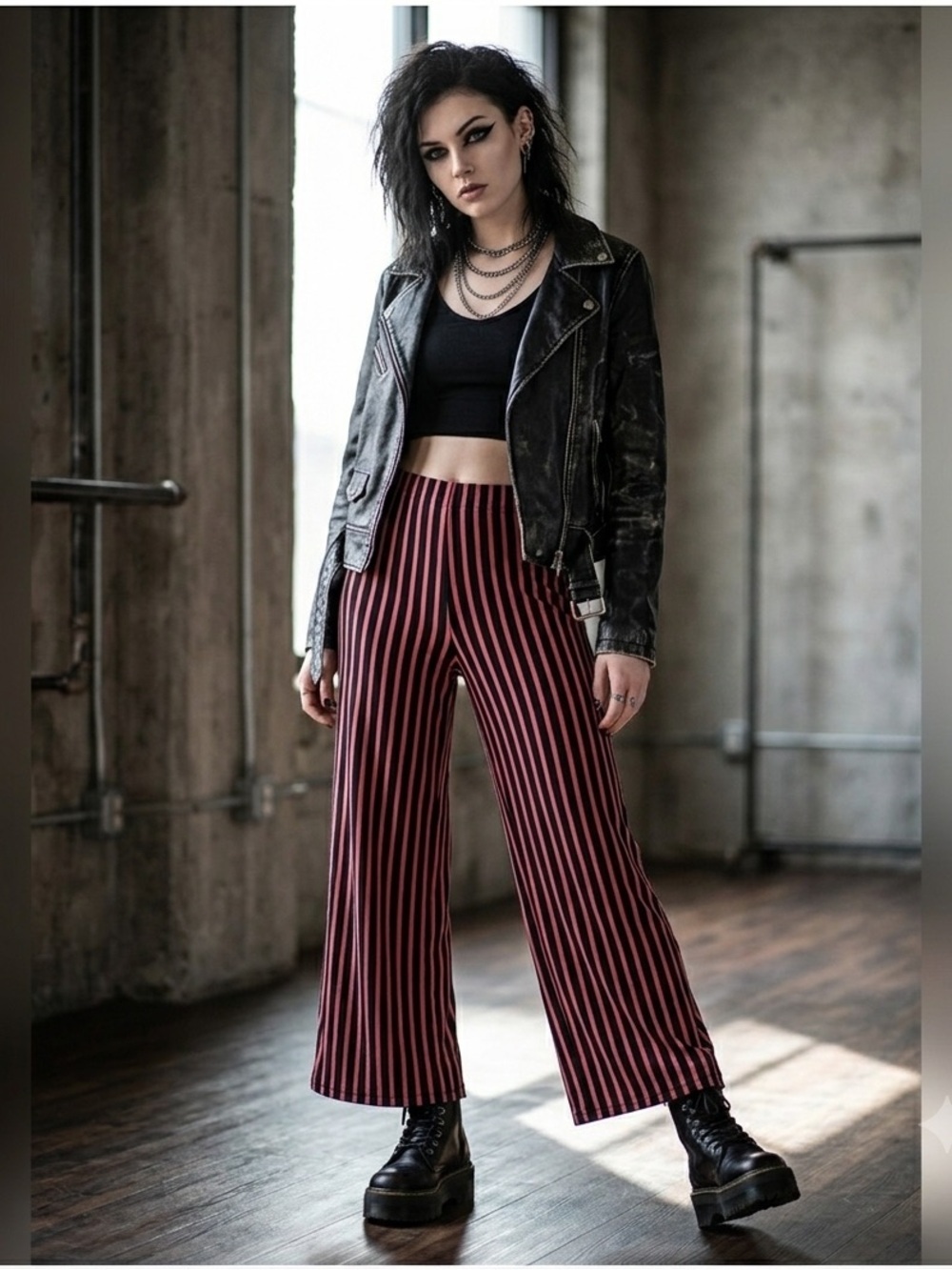 Zara Red & Black Striped Wide Leg Crop Pants Size Small. Goth Steampunk Grunge